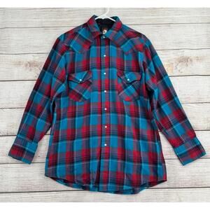 Vintage Karman Western Pearl Snap Flannel Shirt Mens Large Blue Purple Red Plaid